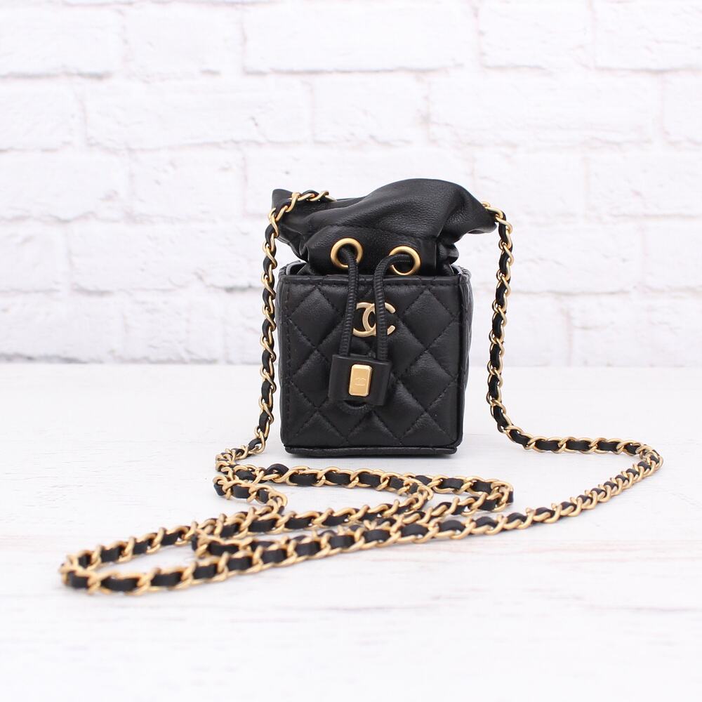 Chanel Mini Drawstring Chain Shoulder Clutch Crossbody Black Caviar A2145